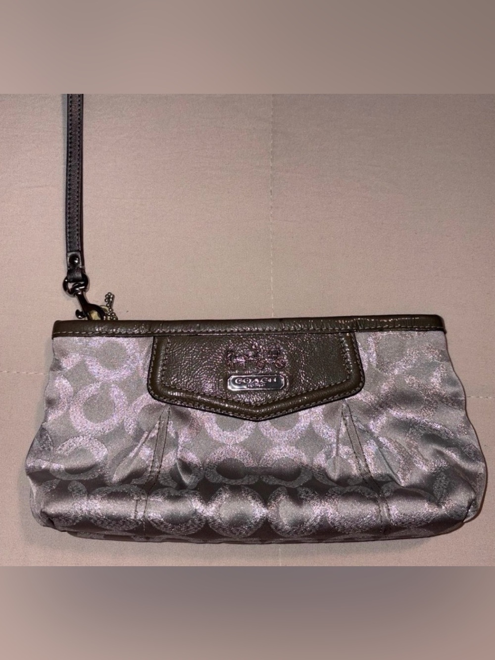 Coach Metallic Pewter Signature Wristlet with Dark Trim